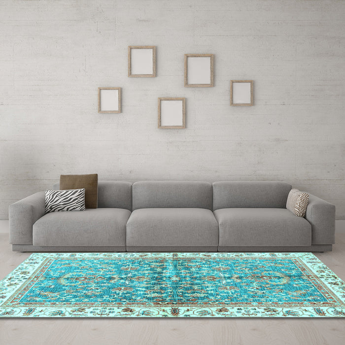 Machine Washable Oriental Light Blue Traditional Rug in a Living Room, wshabs3190lblu