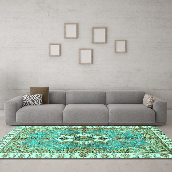 Machine Washable Abstract Turquoise Modern Area Rugs in a Living Room,, wshabs3191turq