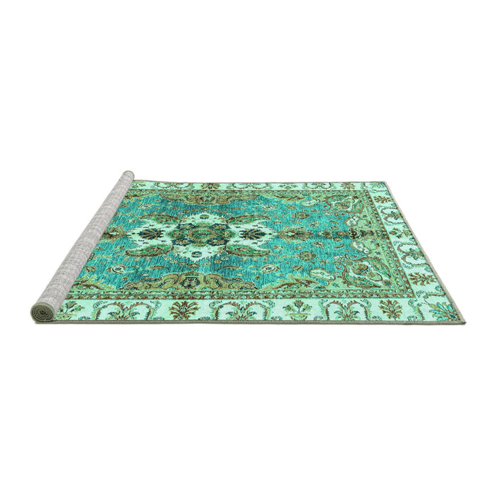 Sideview of Machine Washable Abstract Turquoise Modern Area Rugs, wshabs3191turq