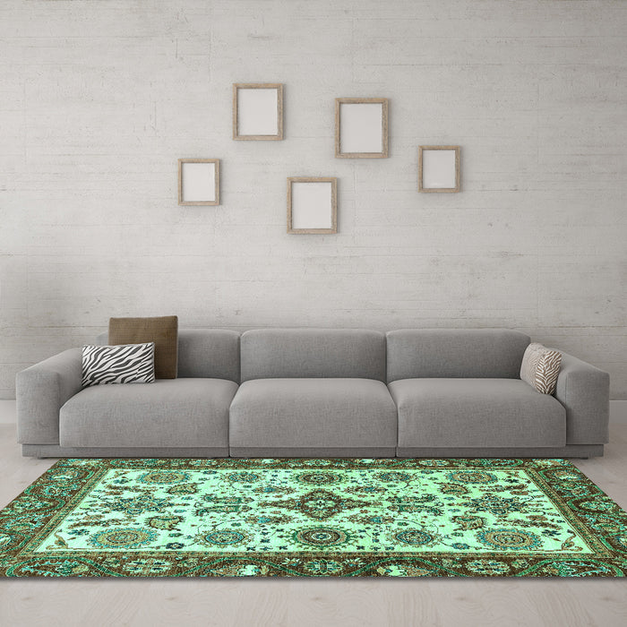 Machine Washable Oriental Turquoise Traditional Area Rugs in a Living Room,, wshabs3192turq