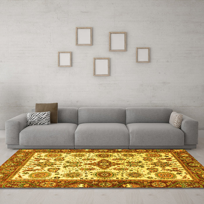 Machine Washable Oriental Yellow Traditional Rug in a Living Room, wshabs3192yw