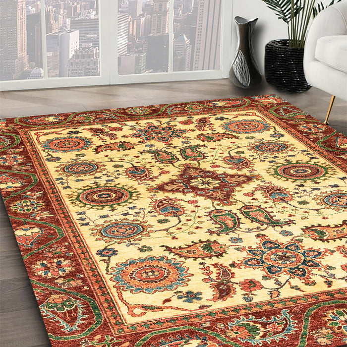 Abstract Chrome Gold Yellow Oriental Rug in Family Room, abs3192