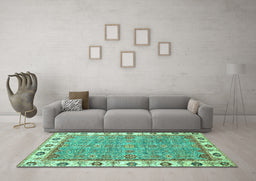 Machine Washable Oriental Turquoise Traditional Area Rugs in a Living Room,, wshabs3194turq