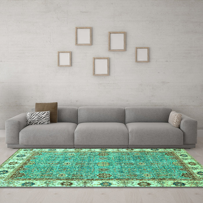 Machine Washable Oriental Turquoise Traditional Area Rugs in a Living Room,, wshabs3194turq