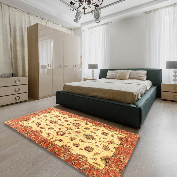 Machine Washable Abstract Chrome Gold Yellow Rug in a Bedroom, wshabs3195