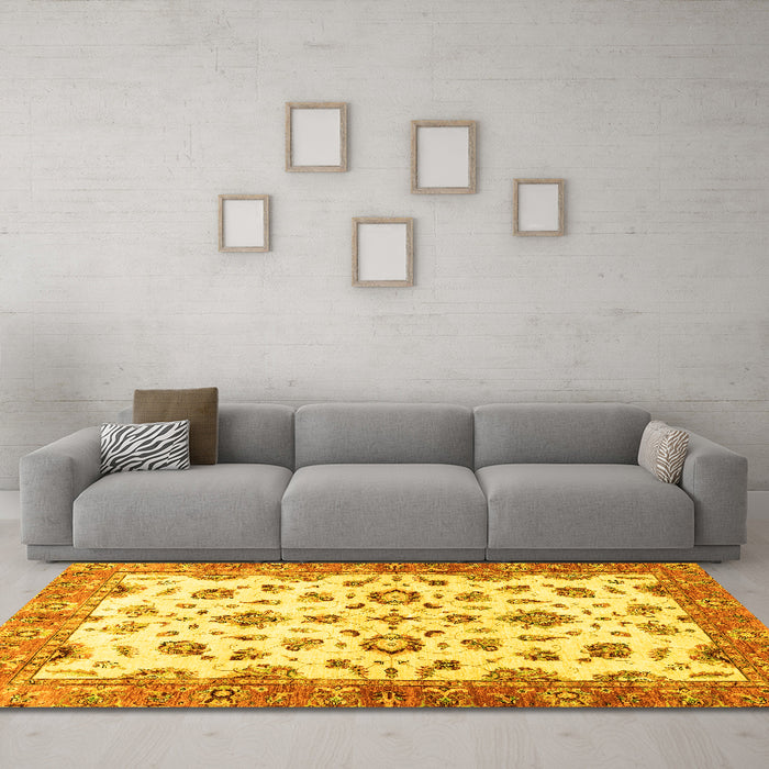 Machine Washable Oriental Yellow Traditional Rug in a Living Room, wshabs3195yw