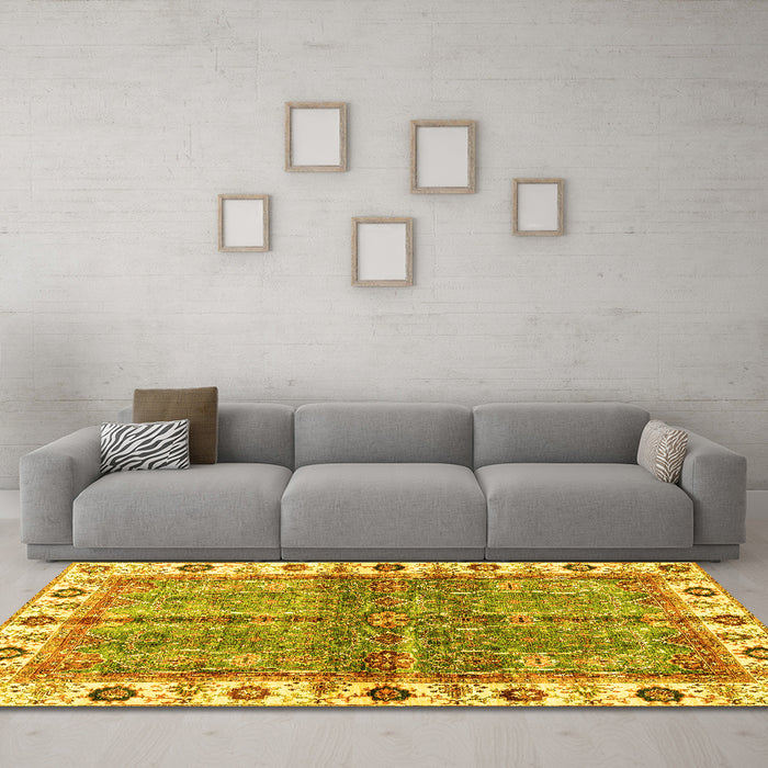 Machine Washable Oriental Yellow Traditional Rug in a Living Room, wshabs3196yw