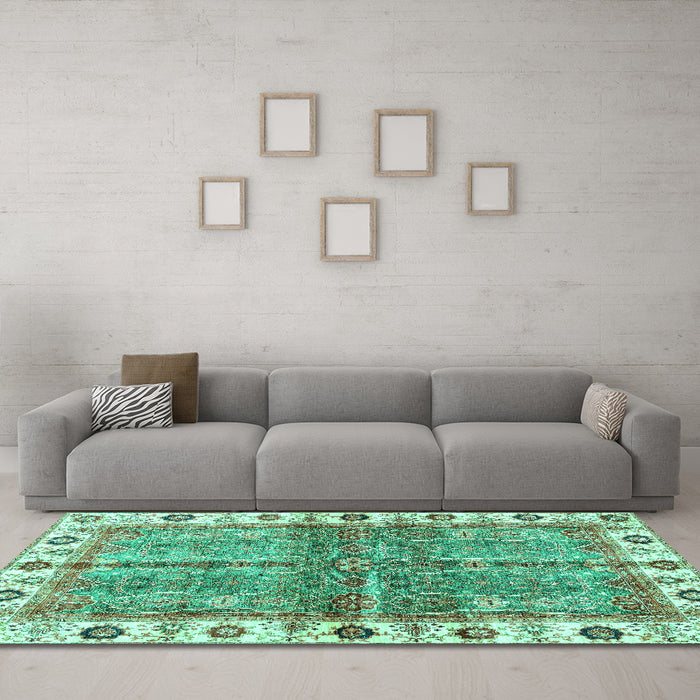 Machine Washable Oriental Turquoise Traditional Area Rugs in a Living Room,, wshabs3196turq