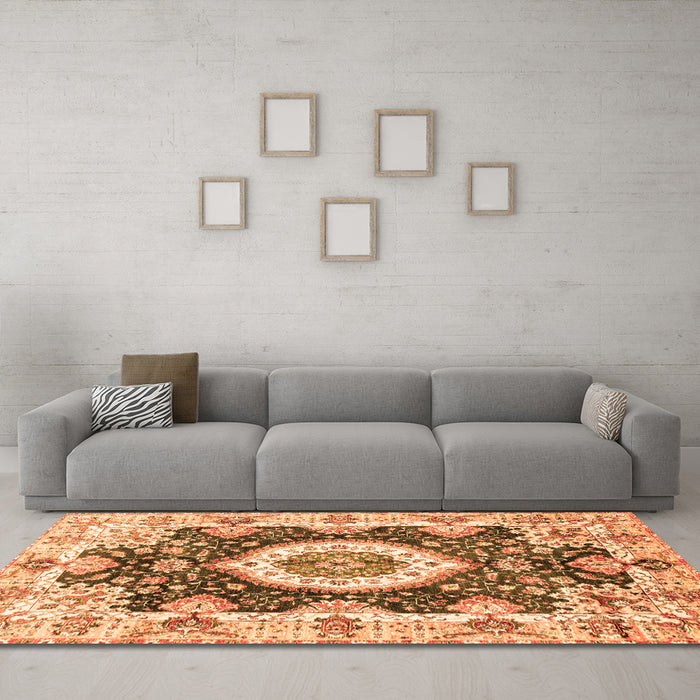 Machine Washable Abstract Orange Modern Area Rugs in a Living Room, wshabs3197org