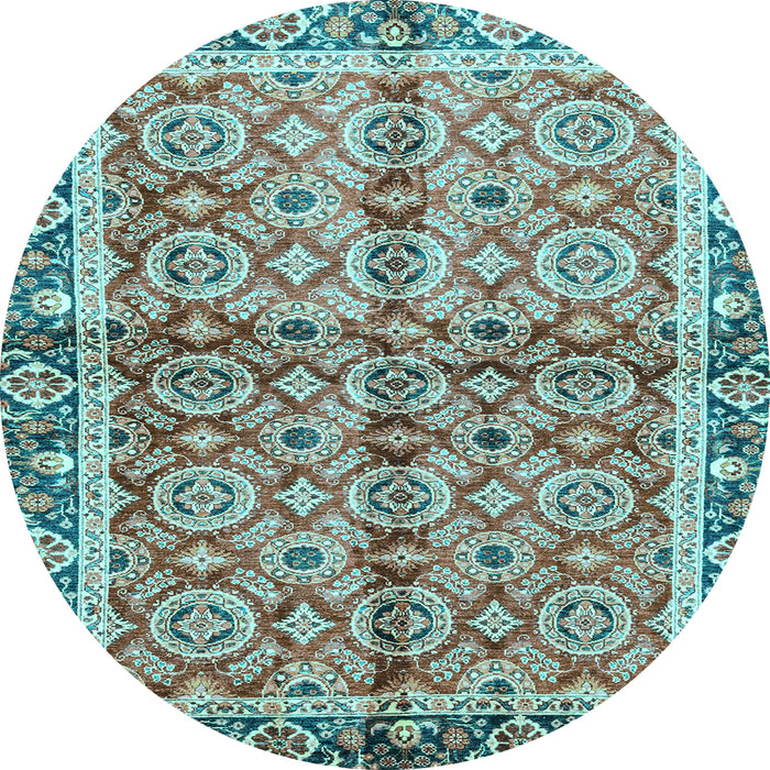 Round Machine Washable Oriental Light Blue Traditional Rug, wshabs3198lblu