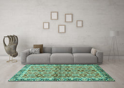 Machine Washable Oriental Turquoise Traditional Area Rugs in a Living Room,, wshabs3198turq