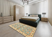 Abstract Dark Gold Brown Oriental Rug in a Bedroom, abs3199