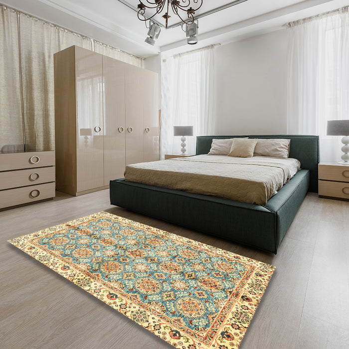 Abstract Dark Gold Brown Oriental Rug in a Bedroom, abs3199