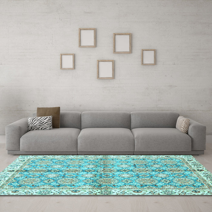 Machine Washable Oriental Light Blue Traditional Rug in a Living Room, wshabs3199lblu