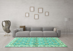 Machine Washable Oriental Turquoise Traditional Area Rugs in a Living Room,, wshabs3199turq