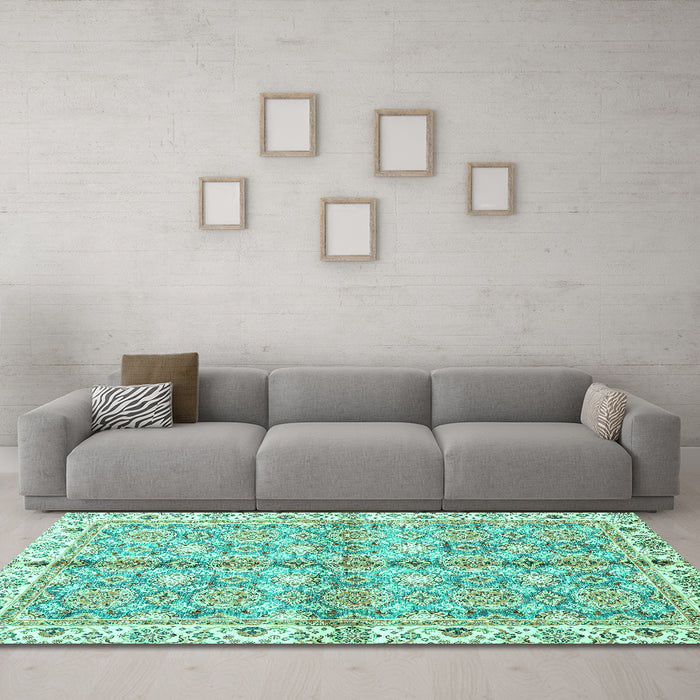 Machine Washable Oriental Turquoise Traditional Area Rugs in a Living Room,, wshabs3199turq