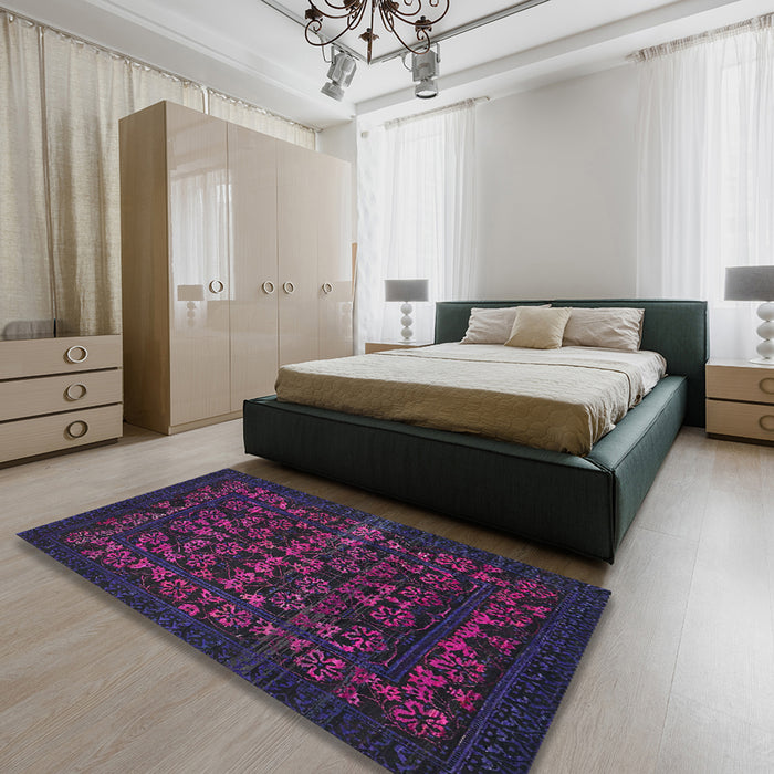 Machine Washable Abstract Purple Haze Purple Rug in a Bedroom, wshabs319