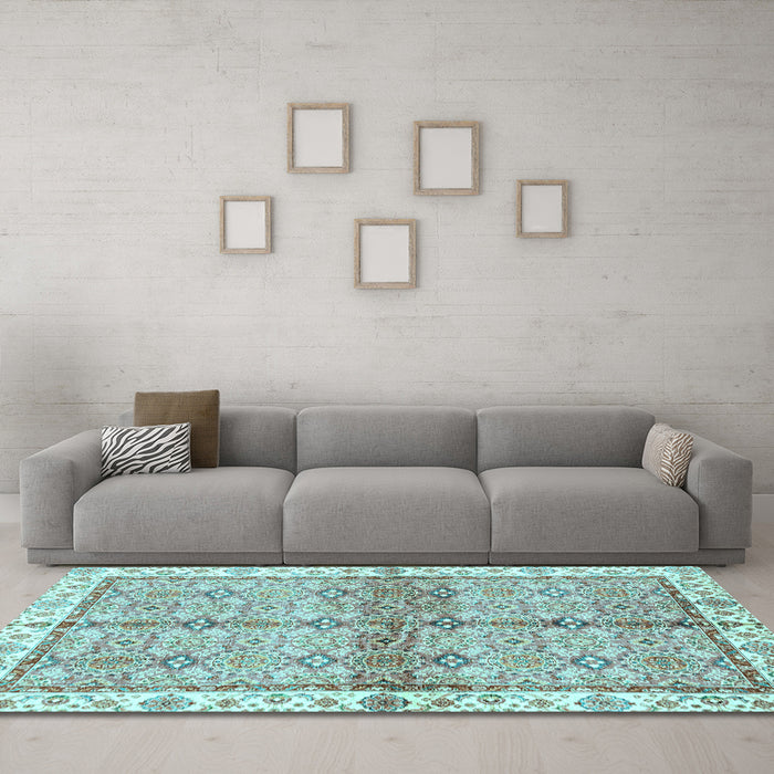 Machine Washable Oriental Light Blue Traditional Rug in a Living Room, wshabs3200lblu