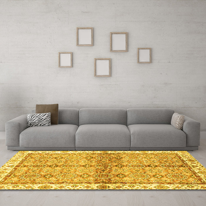 Machine Washable Oriental Yellow Traditional Rug in a Living Room, wshabs3200yw