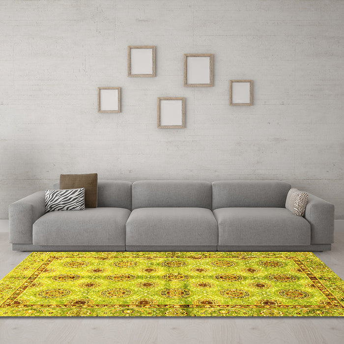 Machine Washable Abstract Yellow Modern Rug in a Living Room, wshabs3201yw