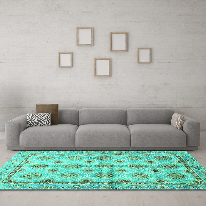 Machine Washable Abstract Turquoise Modern Area Rugs in a Living Room,, wshabs3201turq