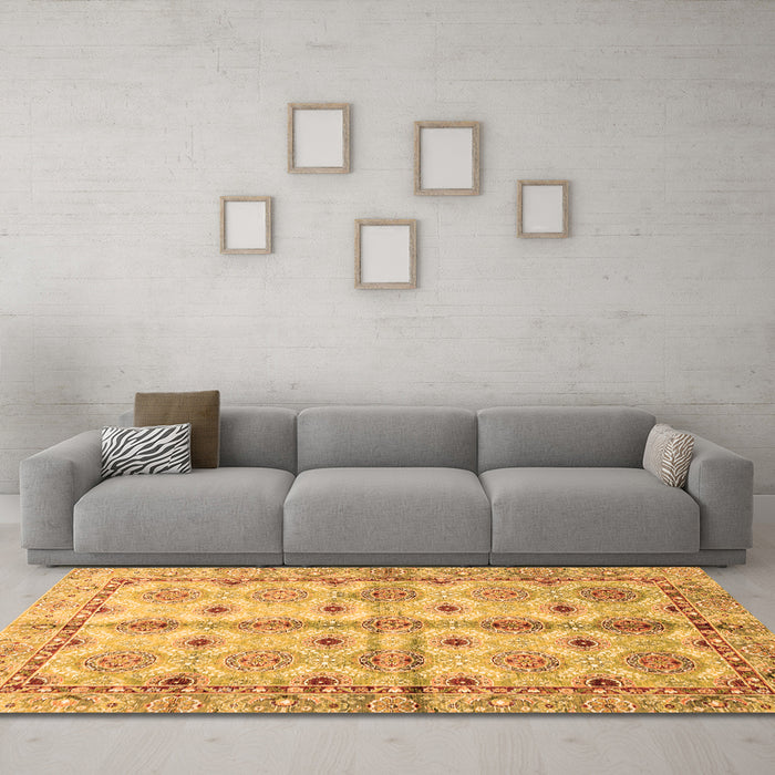 Machine Washable Abstract Orange Modern Area Rugs in a Living Room, wshabs3201org