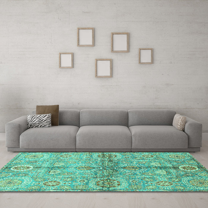 Machine Washable Oriental Turquoise Traditional Area Rugs in a Living Room,, wshabs3202turq