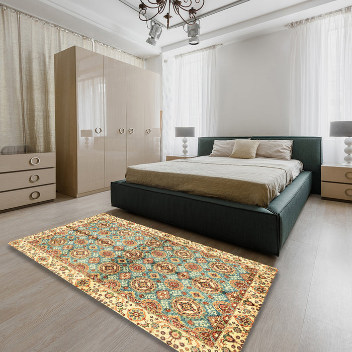 Machine Washable Abstract Brown Gold Rug in a Bedroom, wshabs3204