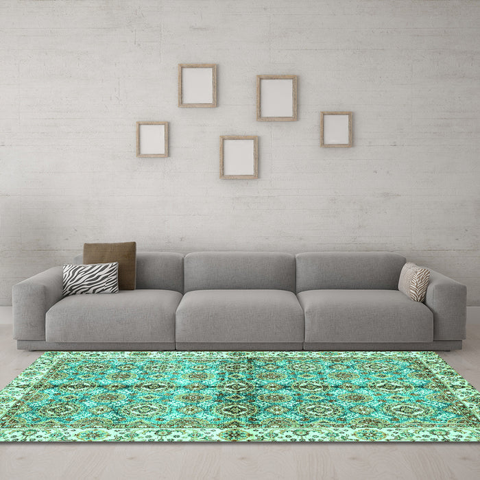 Machine Washable Oriental Turquoise Traditional Area Rugs in a Living Room,, wshabs3204turq