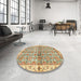 Round Abstract Brown Gold Oriental Rug in a Office, abs3204