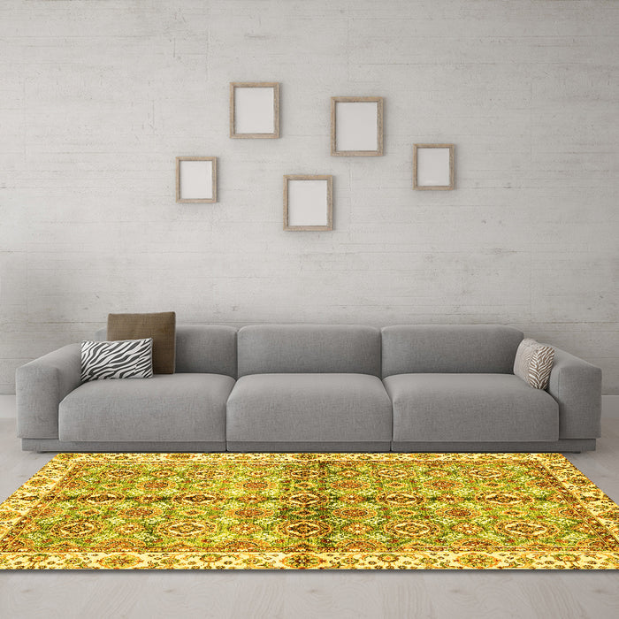 Machine Washable Oriental Yellow Traditional Rug in a Living Room, wshabs3204yw