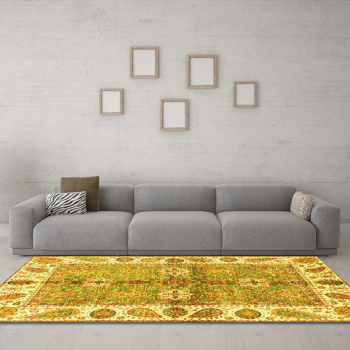 Machine Washable Oriental Yellow Traditional Rug in a Living Room, wshabs3205yw