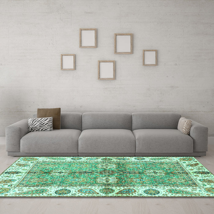 Machine Washable Oriental Turquoise Traditional Area Rugs in a Living Room,, wshabs3205turq