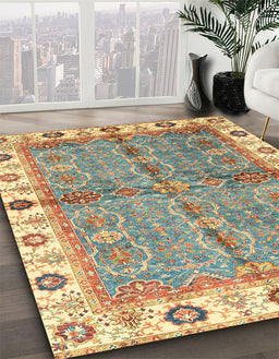 Abstract Ginger Brown Green Oriental Rug in Family Room, abs3206