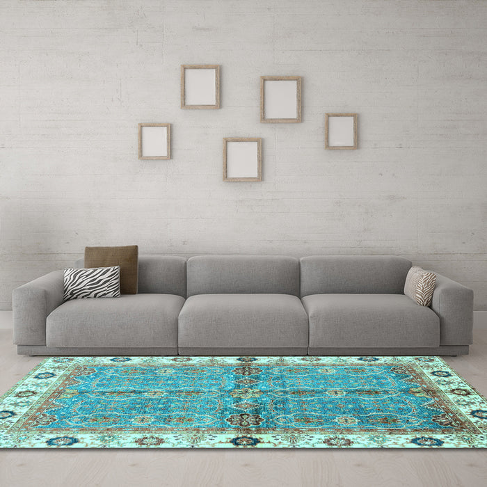 Machine Washable Oriental Light Blue Traditional Rug in a Living Room, wshabs3206lblu