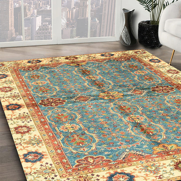 Abstract Ginger Brown Green Oriental Rug in Family Room, abs3206