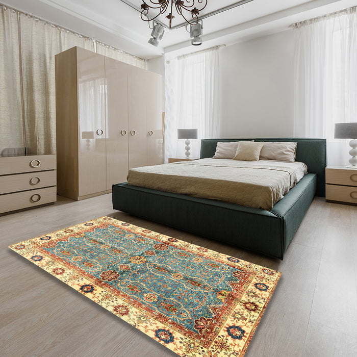 Abstract Ginger Brown Green Oriental Rug in a Bedroom, abs3206