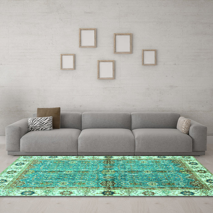 Machine Washable Oriental Turquoise Traditional Area Rugs in a Living Room,, wshabs3206turq