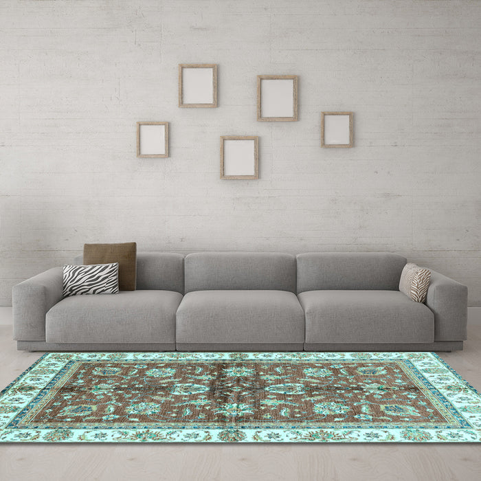 Machine Washable Oriental Light Blue Traditional Rug in a Living Room, wshabs3207lblu