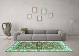 Machine Washable Oriental Turquoise Traditional Area Rugs in a Living Room,, wshabs3207turq