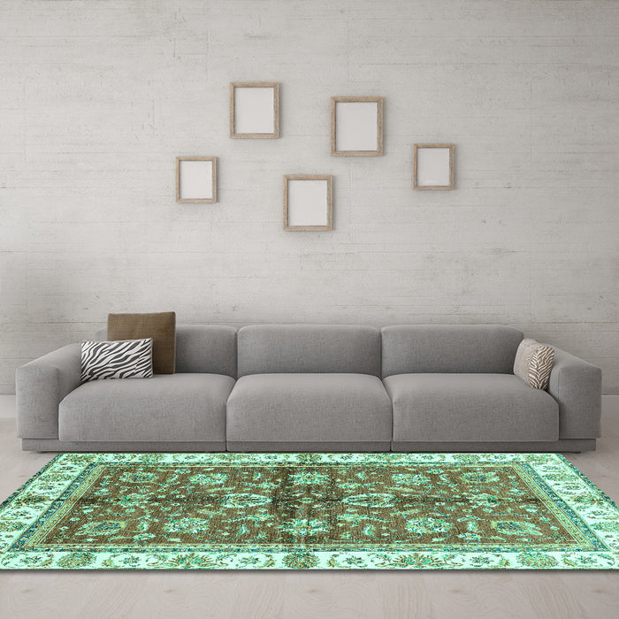 Machine Washable Oriental Turquoise Traditional Area Rugs in a Living Room,, wshabs3207turq