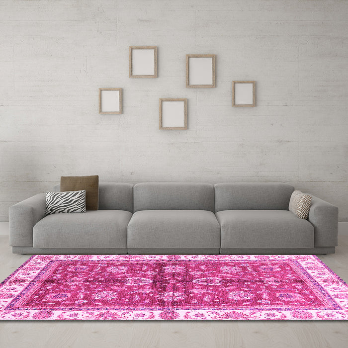 Machine Washable Oriental Pink Traditional Rug in a Living Room, wshabs3207pnk