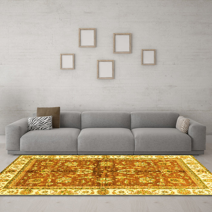 Machine Washable Oriental Yellow Traditional Rug in a Living Room, wshabs3207yw