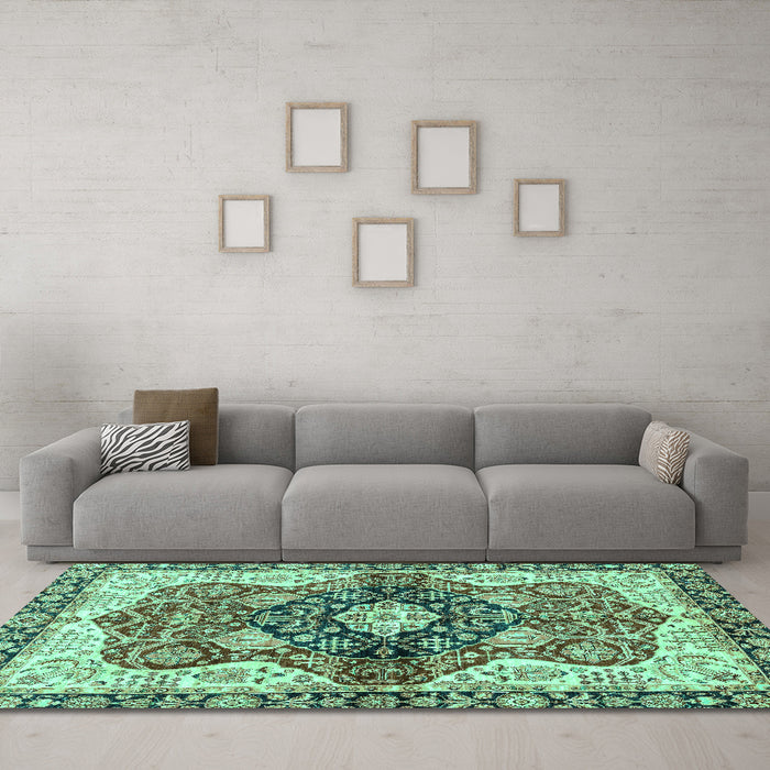 Machine Washable Persian Turquoise Traditional Area Rugs in a Living Room,, wshabs3208turq