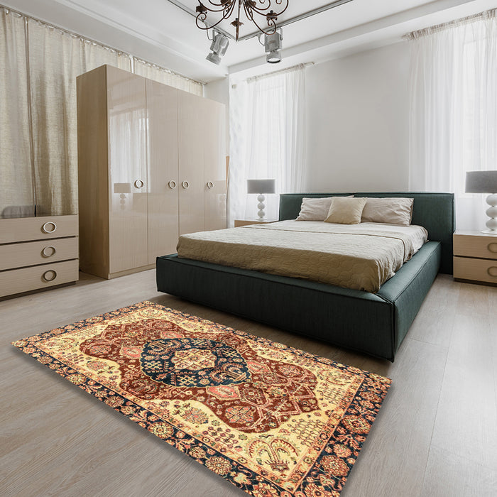 Abstract Brown Red Persian Rug in a Bedroom, abs3208