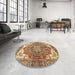 Round Abstract Metallic Gold Persian Rug in a Office, abs3209