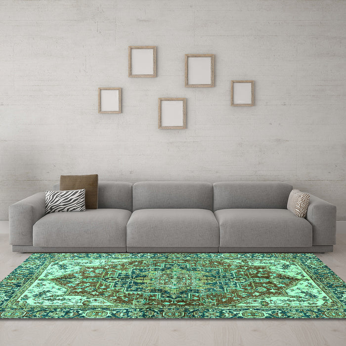 Machine Washable Persian Turquoise Traditional Area Rugs in a Living Room,, wshabs3209turq