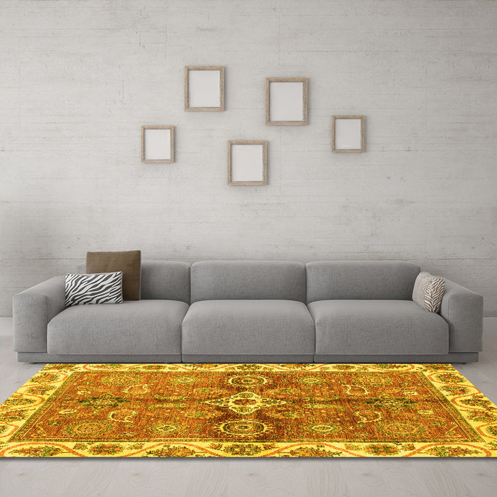Machine Washable Oriental Yellow Traditional Rug in a Living Room, wshabs3210yw