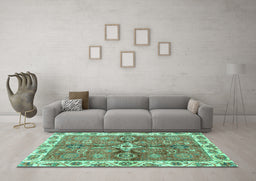 Machine Washable Oriental Turquoise Traditional Area Rugs in a Living Room,, wshabs3210turq