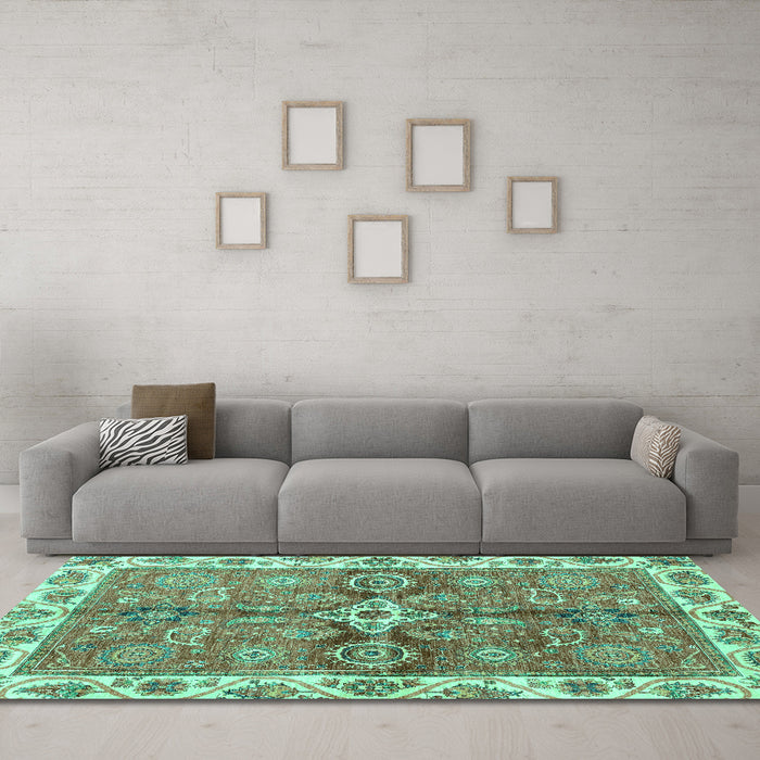 Machine Washable Oriental Turquoise Traditional Area Rugs in a Living Room,, wshabs3210turq